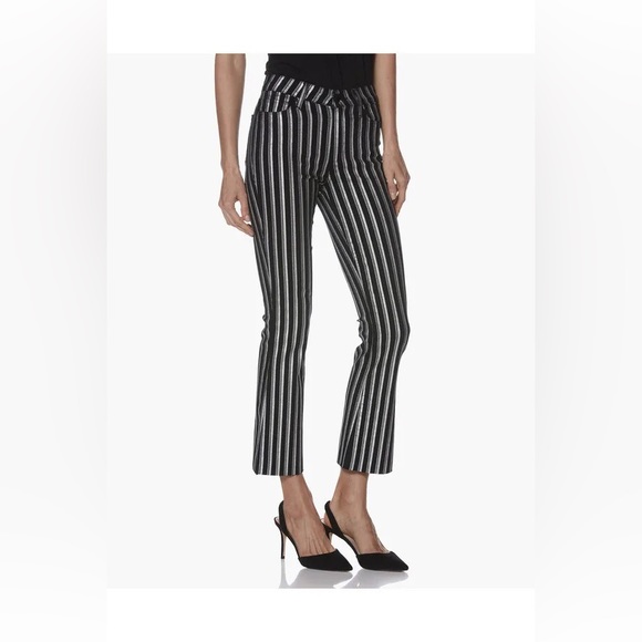 PAIGE Colette Crop Flare Metallic Striped Jeans w Raw Hem Silver Black Stripe 25 - Picture 4 of 14